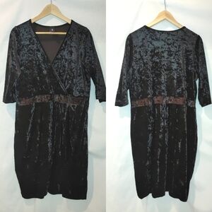 Libian Black Velvet Faux Wrap Dress‎ Elbow Sleeve Tulip Knee Length Hem Boutique